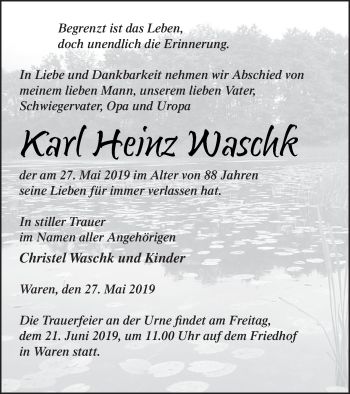 Traueranzeige von Karl Heinz Waschk von Müritz-Zeitung