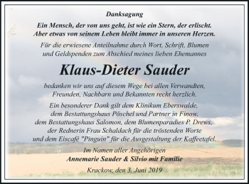 Traueranzeige von Klaus-Dieter Sauder von Pasewalker Zeitung