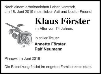 Traueranzeige von Klaus Förster von Neubrandenburger Zeitung