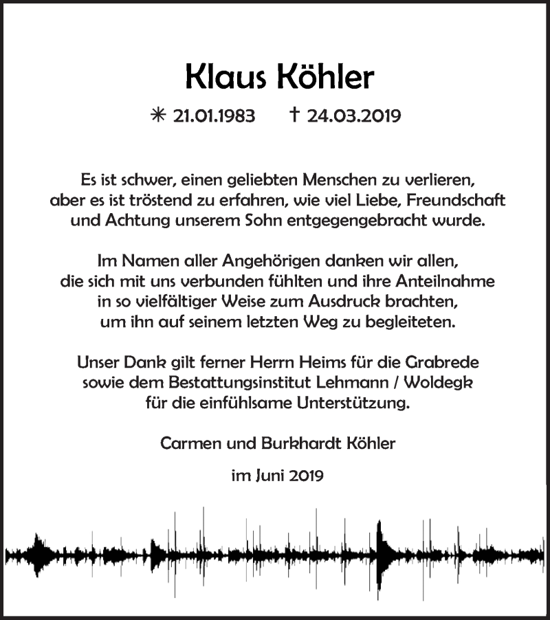  Traueranzeige für Klaus Köhler vom 12.06.2019 aus Pasewalker Zeitung