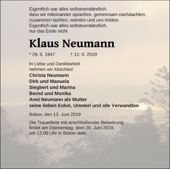 Traueranzeige von Klaus Neumann von Müritz-Zeitung