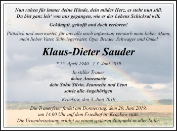 Traueranzeige von Klaus Dieter Sauder von Pasewalker Zeitung