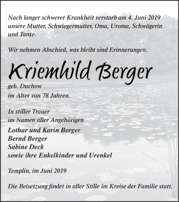Traueranzeige von Kriemhild Berger von Templiner Zeitung