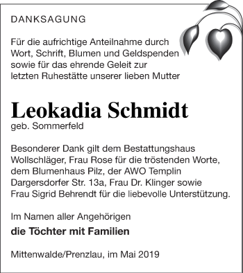 Traueranzeige von Leokadia Schmidt von Prenzlauer Zeitung