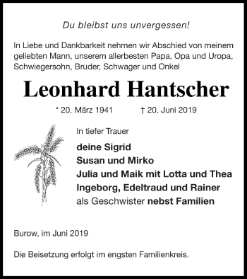 Traueranzeige von Leonhard Hantscher von Neubrandenburger Zeitung