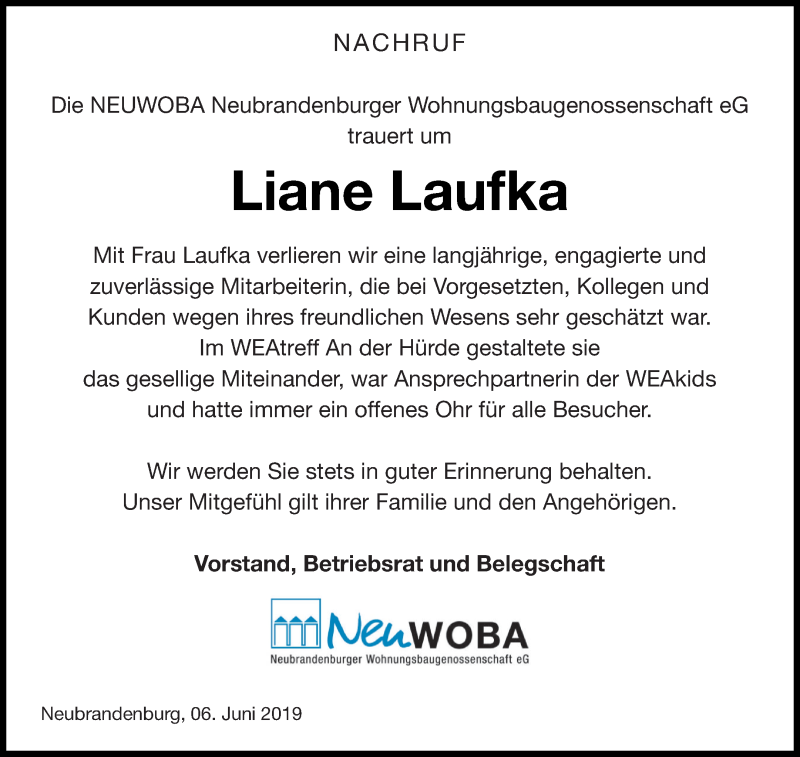  Traueranzeige für Liane Laufka vom 08.06.2019 aus Neubrandenburger Zeitung