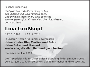 Traueranzeige von Lina Großkopf von Haff-Zeitung