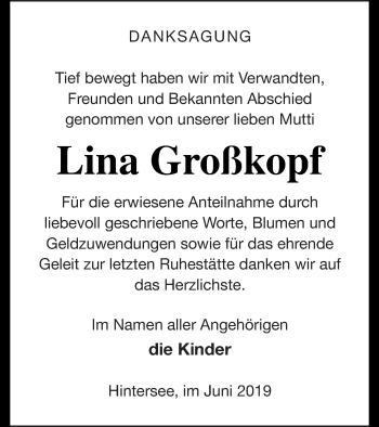 Traueranzeige von Lina Großkopf von Haff-Zeitung