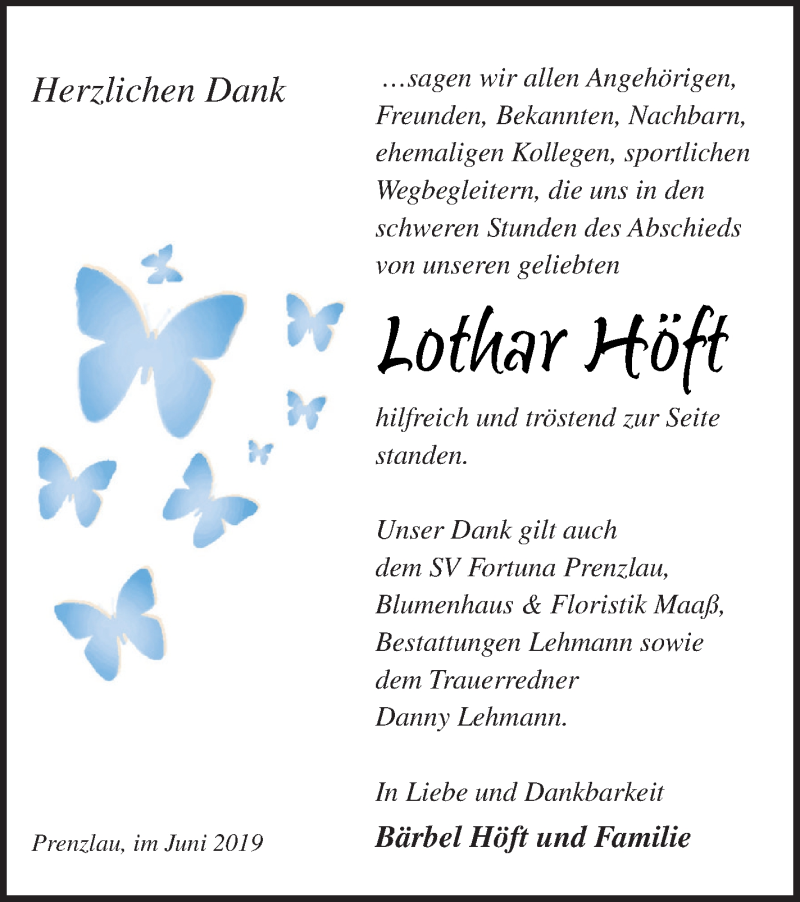 Traueranzeige für Lothar Höft vom 22.06.2019 aus Prenzlauer Zeitung