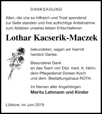 Traueranzeige von Lothar Kacserik-Maczek von Prenzlauer Zeitung