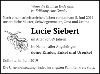 Traueranzeige von Lucie Siebert von Prenzlauer Zeitung