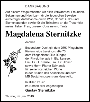 Traueranzeige von Magdalena Sternitzke von Strelitzer Zeitung