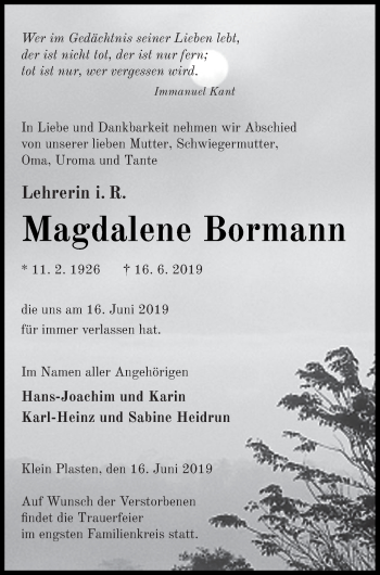 Traueranzeige von Magdalene Bormann von Müritz-Zeitung