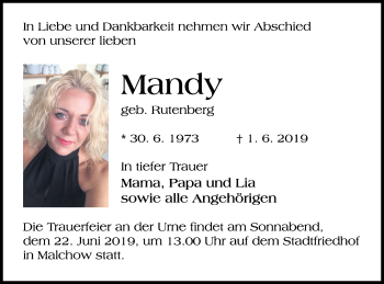 Traueranzeige von Mandy  von Müritz-Zeitung