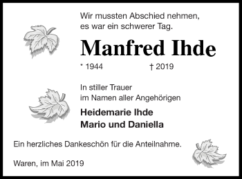 Traueranzeige von Manfred Ihde von Müritz-Zeitung