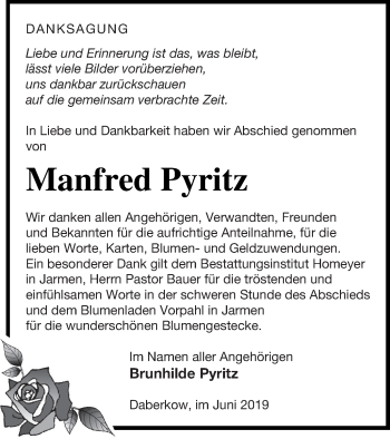 Traueranzeige von Manfred Pyritz von Vorpommern Kurier