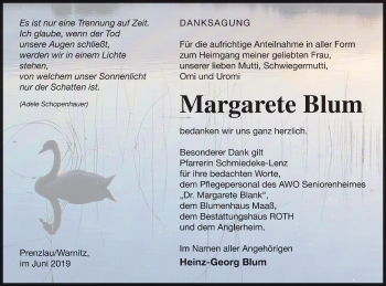 Traueranzeige von Margarete Blum von Prenzlauer Zeitung