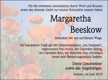 Traueranzeige von Margaretha Beeskow von Vorpommern Kurier