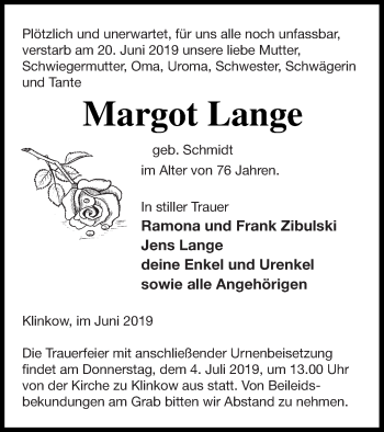 Traueranzeige von Margot Lange von Prenzlauer Zeitung