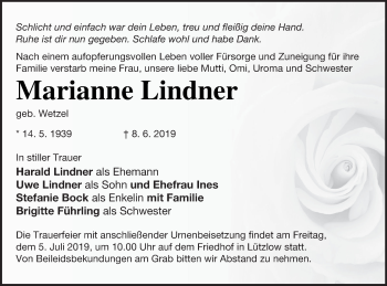 Traueranzeige von Marianne Lindner von Prenzlauer Zeitung