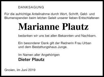 Traueranzeige von Marianne Plautz von Mecklenburger Schweiz