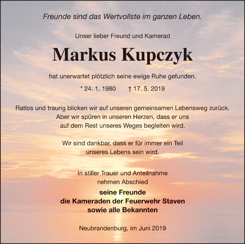  Traueranzeige für Markus Kupczyk vom 07.06.2019 aus Neubrandenburger Zeitung