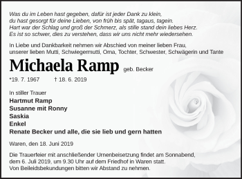 Traueranzeige von Michaela Ramp von Müritz-Zeitung