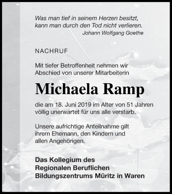 Traueranzeige von Michaela Ramp von Müritz-Zeitung