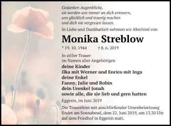 Traueranzeige von Monika Streblow von Haff-Zeitung