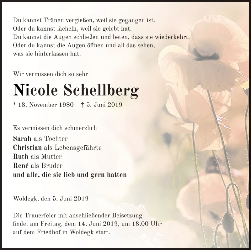  Traueranzeige für Nicole Schellberg vom 12.06.2019 aus Strelitzer Zeitung