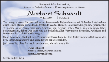 Traueranzeige von Norbert Schwedt von Hagenower Kreisblatt