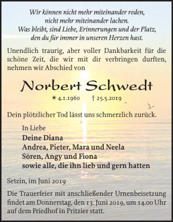 Traueranzeige von Norbert Schwedt von Hagenower Kreisblatt