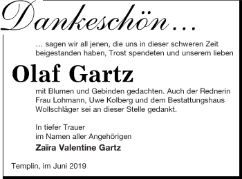 Traueranzeige von Olaf Gartz von Templiner Zeitung