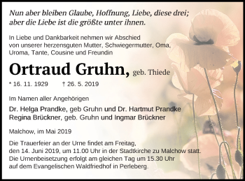 Traueranzeige von Ortraud Gruhn von Müritz-Zeitung