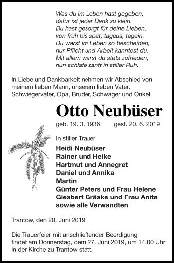 Traueranzeige von Otto Neubüser von Vorpommern Kurier