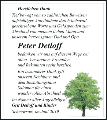 Traueranzeige von Peter Detloff von Pasewalker Zeitung