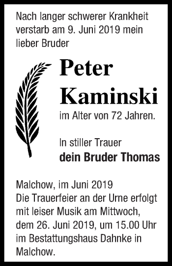 Traueranzeige von Peter Kaminski von Müritz-Zeitung