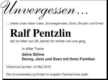 Traueranzeige von Ralf Pentzlin von Vorpommern Kurier