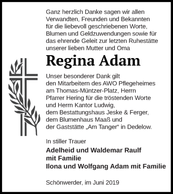 Traueranzeige von Regina Adam von Neubrandenburger Zeitung