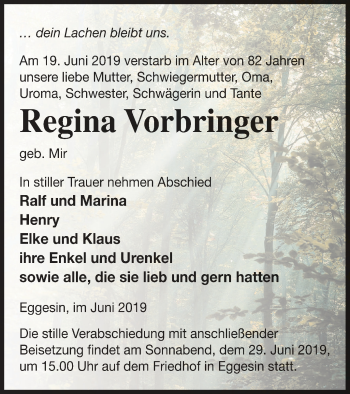 Traueranzeige von Regina Vorbringer von Haff-Zeitung