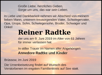 Traueranzeige von Reiner Radtke von Pasewalker Zeitung