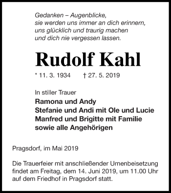 Traueranzeige von Rudolf Kahl von Neubrandenburger Zeitung