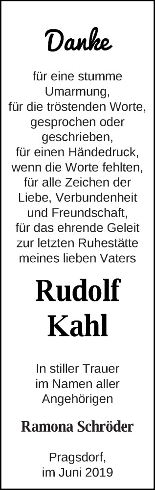 Traueranzeige von Rudolf Kahl von Neubrandenburger Zeitung