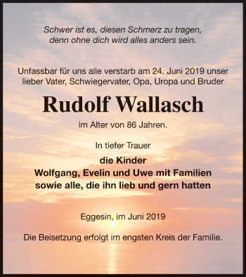 Traueranzeige von Rudolf Wallasch von Haff-Zeitung