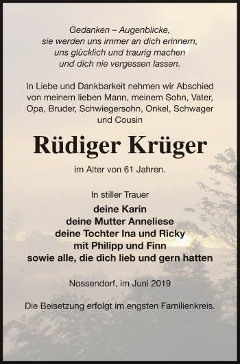 Traueranzeige von Rüdiger Krüger von Demminer Zeitung