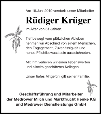 Traueranzeige von Rüdiger Krüger von Demminer Zeitung