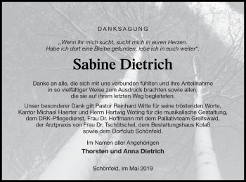 Traueranzeige von Sabine Dietrich von Demminer Zeitung