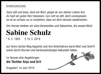 Traueranzeige von Sabine Schulz von Pasewalker Zeitung