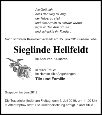 Traueranzeige von Sieglinde Hellfeldt von Neubrandenburger Zeitung