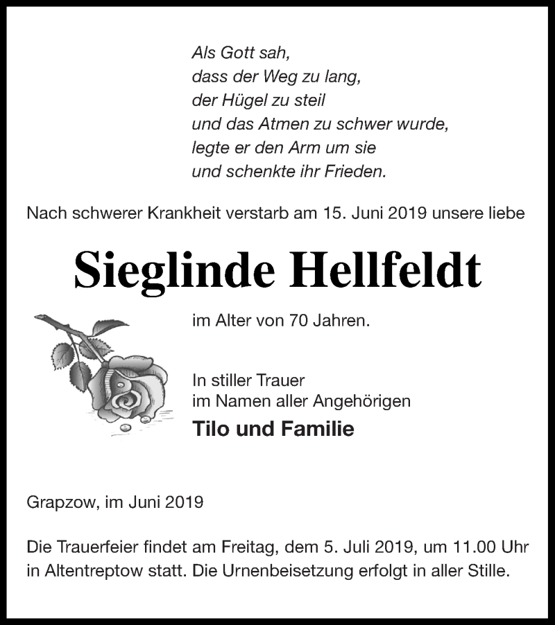  Traueranzeige für Sieglinde Hellfeldt vom 19.06.2019 aus Neubrandenburger Zeitung